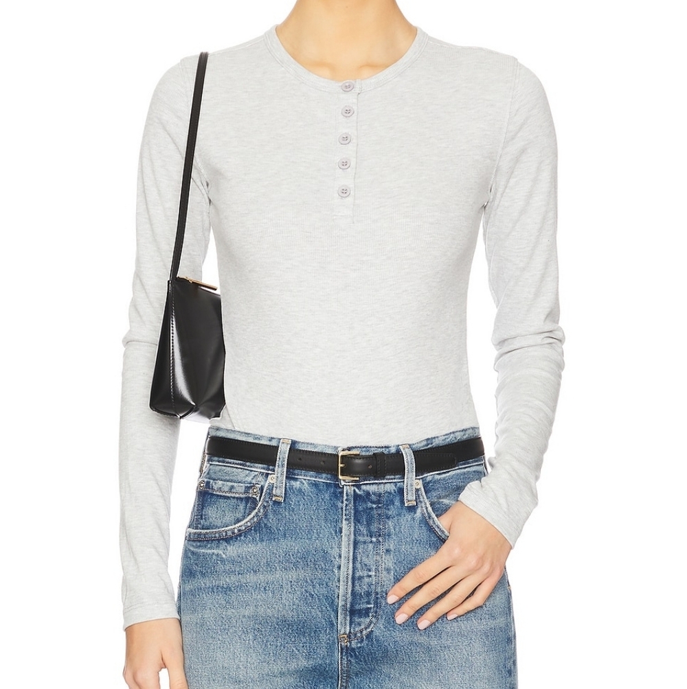 WeWoreWhat Crew Neck Henley Bodysuit Heather Gray Ribbed Long Sleeve S NWT